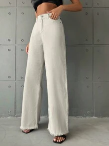 EURMUSE Raw Hem Wide Leg Jeans - Beige - View 5