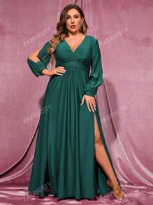 Faeriesty Plus Split Thigh Overlap Collar Bishop Sleeve Slit Thigh Dress
