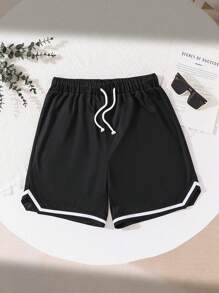 Leap Crew Quần short vải tương phản màu sắc thường ngày cho bé trai tuổi teen, dáng rộng, thích hợp mặc khi đi chơi, chơi thể thao, bóng rổ, mùa xuân/hè - màu đen - Xem 5