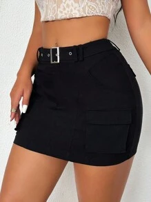 VaVaBold Ladies' Solid Color Belted Skirt With Pocket Design, Summer - Black - View 7