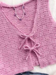 Soleia WYWH Women's Peach-Pink Knitted Vest With Tie, Front-Open Mohair Vest For Vacation