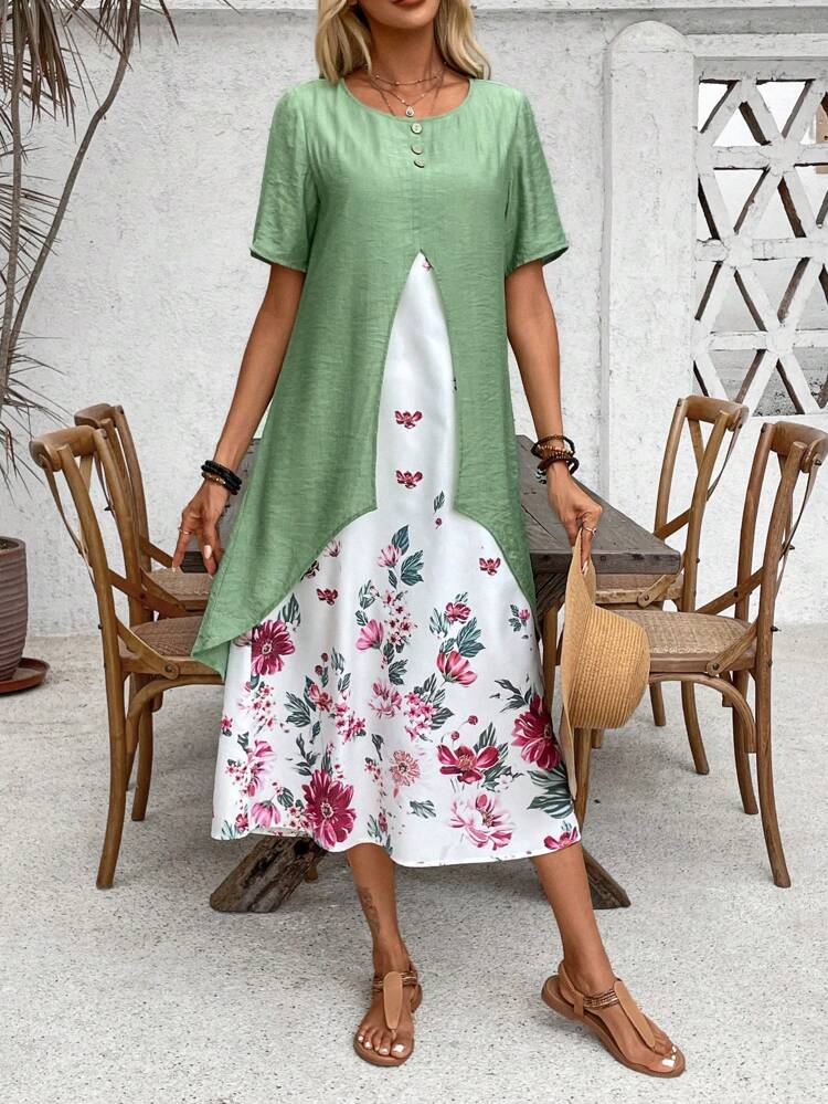 Women's Summer Short Sleeve Casual Flower Print 2 In 1 Dress
