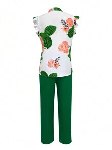 SHEIN Clasi 2 件套女士休闲花卉印花盖袖衬衫和纯色裤子套装，夏季 - 綠色 - 查看 2