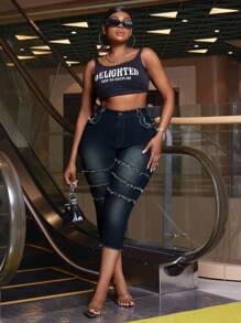 SHEIN SXY Plus Size Women's Tight-Fit Casual Jeans With Pockets, Raw Hem And Patchwork, Capri Length