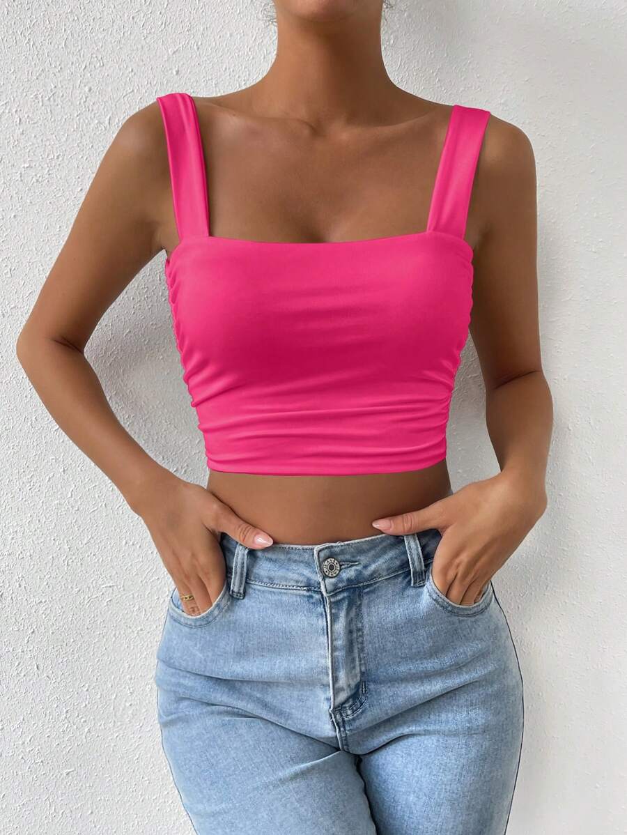 Chiquease Women's Solid Color Square Neck Tank Top Summer - Hot Pink - View 1