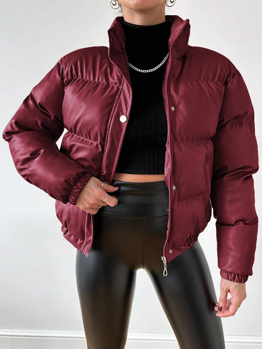 EURMUSE Pocket & Side Zipper Design Puffer Coat - Burgundy - View 1