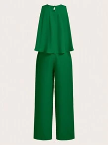 Slaydiva Summer Elegant Round Neck Sleeveless Loose Hem Cropped Top Straight Trousers Orange Women's Two-Piece Set-C - Green - View 2