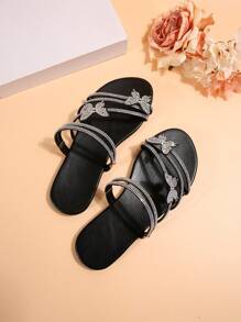 Zapatillas de mujer decoradas con cristales de lazo de colores y sandalias de plata fashionables, aptas para citas, reuniones, fiestas, uso en casa y uso diario casual