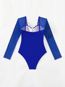 SHEIN Swim 女士纯色单肩长袖沙滩装连体泳衣，非常适合夏季度假 - 藍色 - 查看 2
