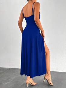 EURMUSE Draped Collar Split Thigh Cami Dress - Royal Blue - View 2