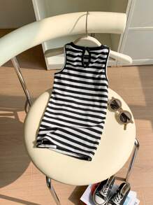 SHEIN Baby Girl Casual Striped Knit Sleeveless Dress - Black and White - View 2