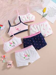 Tween Girl Flamingo Printed Camisole With Matching Briefs Underwear Set, 3pcs - Multicolor - View 1