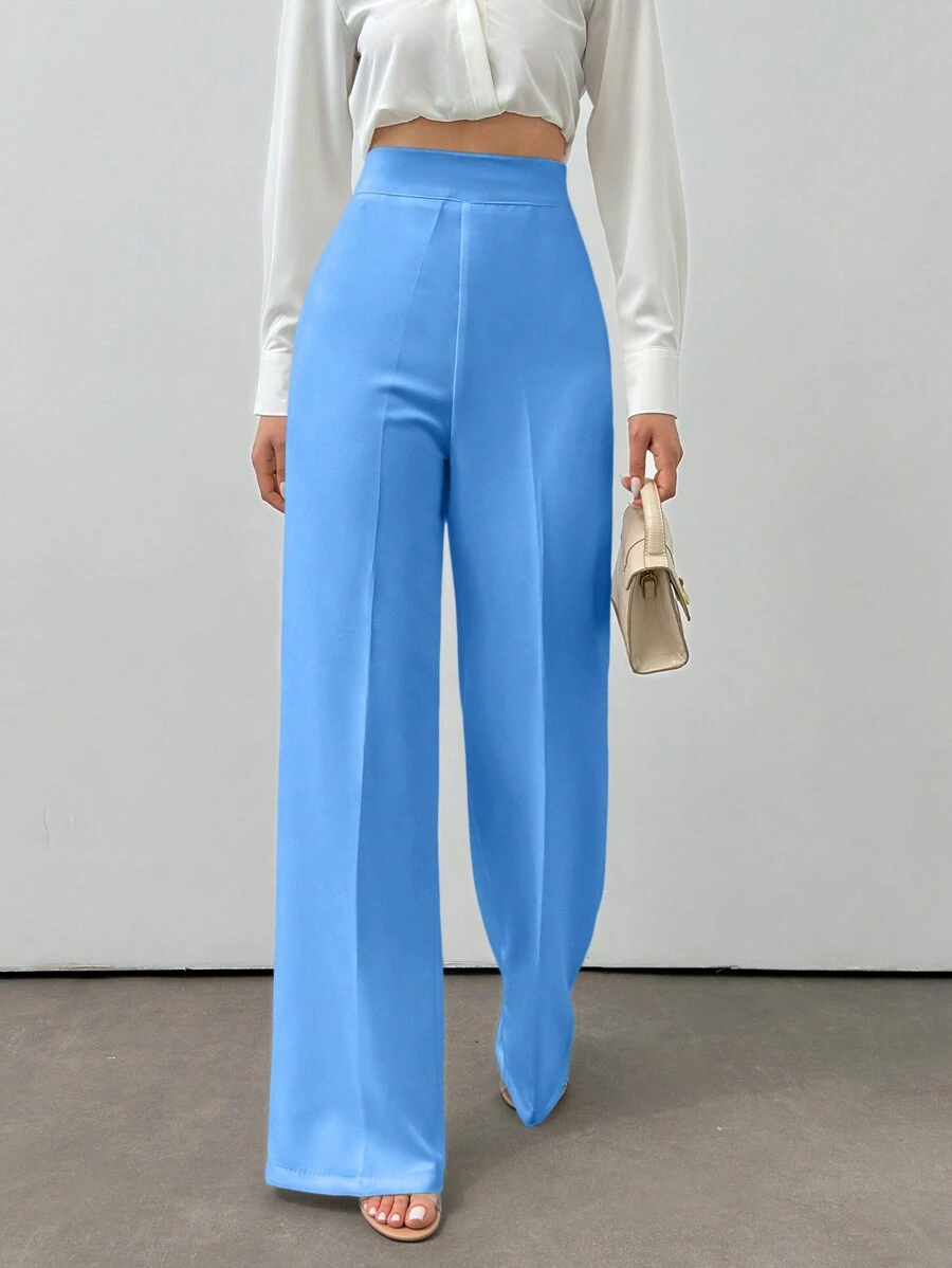 RueChic Women's Solid Color Zipper Elegant Wide Leg Pants - Baby Blue - View 1