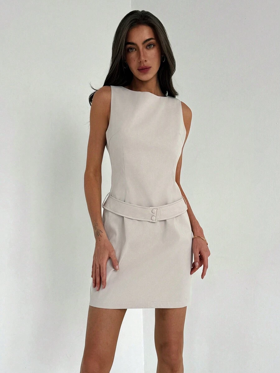 Aloruh Simple & Elegant Tight-Fitting Sleeveless Mini Dress In Apricot Color For Women's Work Attire