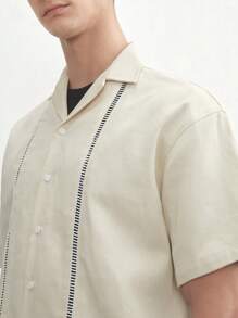 AKNOTIC Business Casual Cotton Men's Solid Color Camp Collar Loose Fitting Drop Shoulder Jacket, Suitable For Summer - Beige - View 6