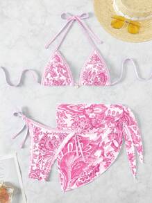Swim Vcay Women's Summer Beach Plant Printed Halter Neck Tie Sexy Bikini Set With Cover Up Skirt And Shawl, 3pcs/Set, Random Print - Pink - View 1