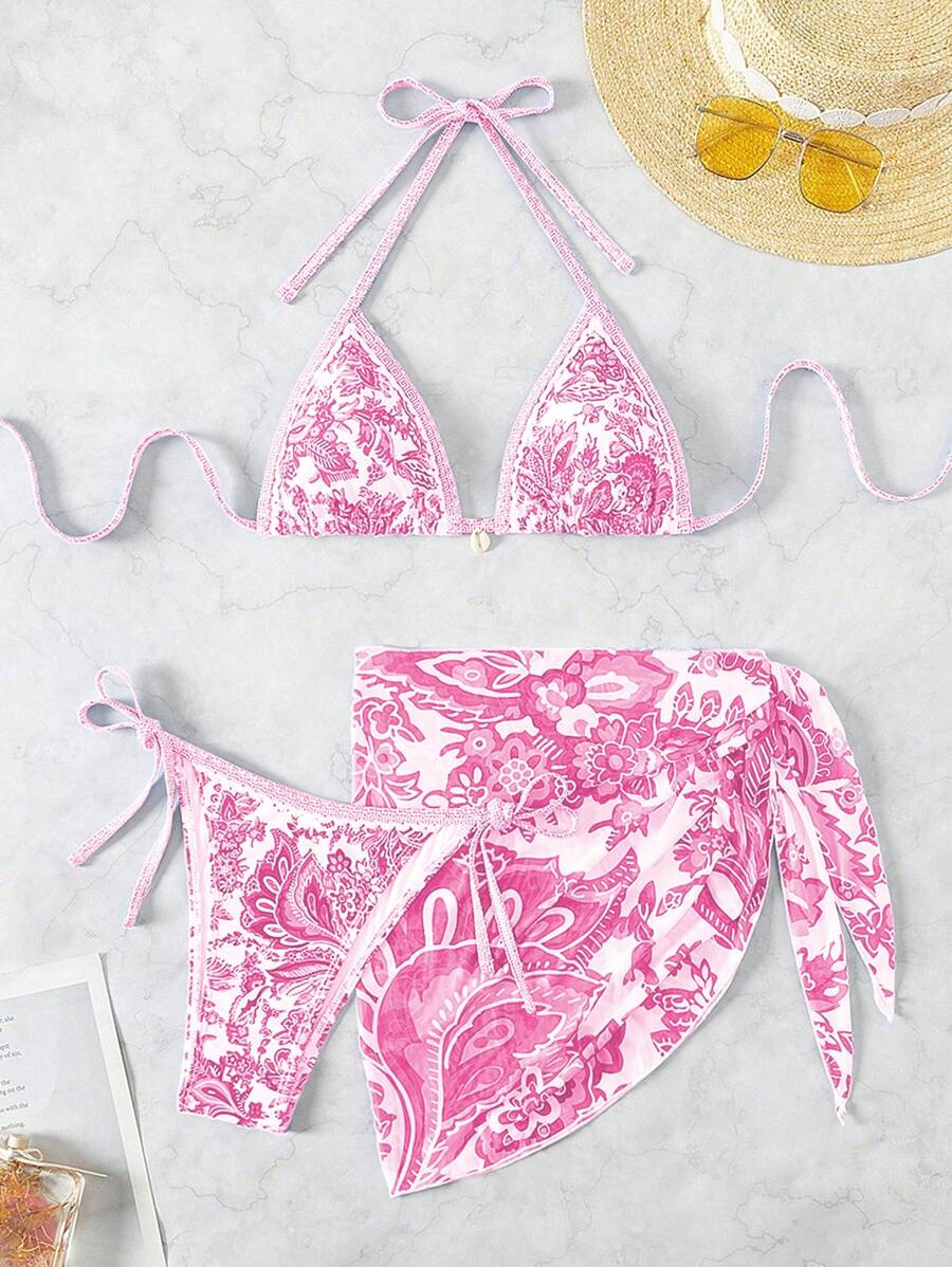 Swim Vcay Women's Summer Beach Plant Printed Halter Neck Tie Sexy Bikini Set With Cover Up Skirt And Shawl, 3pcs/Set, Random Print - Pink - View 1