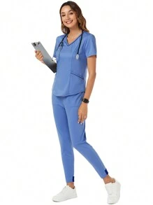 SHEIN TaskFit 女士两件套护士服套装，包括现代 V 领 2 口袋哑光上衣和 2 口袋松紧腰终极瑜伽运动裤哑光套装 - 藍色 - 查看 8