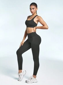 SHEIN Sports Solid Color Round Neck Top And Seamless Tight Sports Suit With Long Pants - Black - View 7