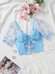 Reggiseno sexy da donna con ferretto, stecche in plastica, maniche a sbuffo, può essere indossato come indumento esterno, per festival musicali