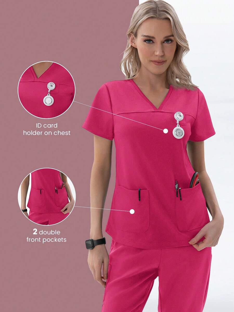 TaskEZ Camisa de enfermería para mujer con cuello en V de manga corta y 2 bolsillos - Rosa Fucsia - Ver 1