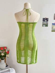 Soleia 女士度假風格綁頸帶腰帶特別中空針織夏季畢業典禮和婚禮派對可愛午餐綠色貼身連身裙 - 綠色 - 查看 3