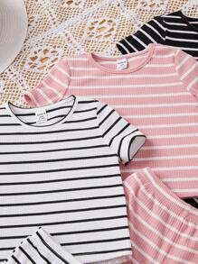 SHEIN Baby Girls' Casual Knitted Striped Short Sleeve Homewear Set - Multicolor - View 5