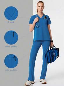 HOMEYEE Ensemble d'uniformes de soins infirmiers avec t-shirt col V et pantalon de survêtement avec cordon de serrage à la taille