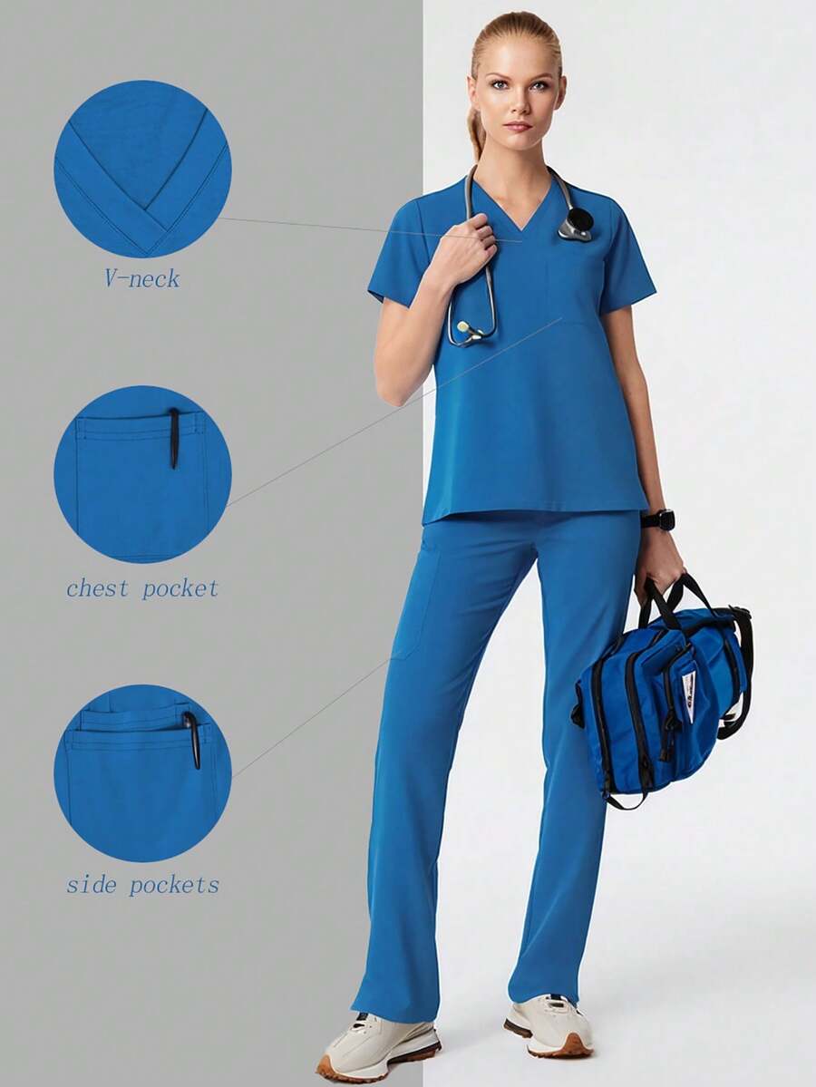 HOMEYEE Ensemble d'uniformes de soins infirmiers avec t-shirt col V et pantalon de survêtement avec cordon de serrage à la taille