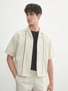 AKNOTIC Business Casual Cotton Men's Solid Color Camp Collar Loose Fitting Drop Shoulder Jacket, Suitable For Summer - Beige - View 1