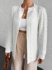 EURMUSE Elegant Long Sleeve Texture Pattern Detailed Cardigan - White - View 1