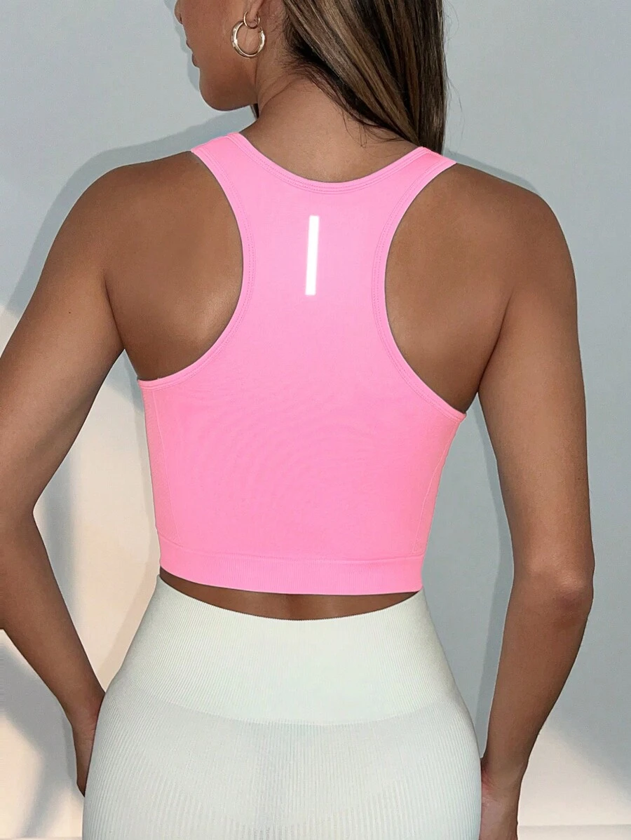 Easithlete 女士交叉后背无缝健身背心 修身衬衫健身背心 - 粉色 - 查看 1
