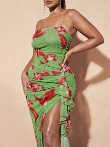 SHEIN BAE Women's Mesh Strappy Dress With Ruffle Trim, Long Bodycon Dress In Green With Large Floral Pattern, Perfect For Romantic Vacations And Elegant Parties, Summer Outfit