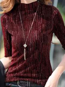 SHEIN LUNE Women's Spring/Summer Striped Casual T-Shirt With Stand Collar And Long Sleeves