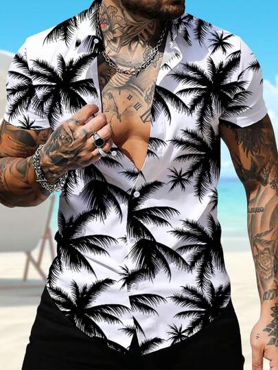 Manfinity RSRT Camisa casual de verano para hombre con estampado de palmeras de coco de mangas cortas, ajuste delgado, camisa de playa gráfica tropical con botones para esposo