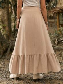 SHEIN LilyWest Women's Vacation Solid Color Splice Ruffled Edge Long Wraparound Knotted Waist Skirt - Camel - View 2