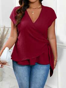 EMERY ROSE Plus Size Women's Fashionable Solid Color Casual V-Neck Blouse - Burgundy - View 3