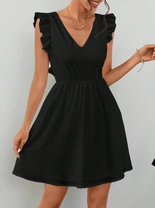 SHEIN Privé 女式無背波點荷葉邊A字裙，適合婚禮季節，約會夜晚，情人節，度假穿搭 - 黑色 - 查看 3