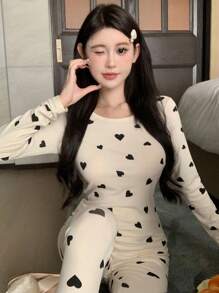 DAZY Women's Heart-Shaped Slim Fit Round Neck Long Sleeve Tee And Pants Comfortable Pajama Set - Beige - View 5