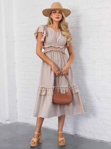 SHEIN LUNE Women's Spring/Summer Multilayered Frill Design Princess Style Elegant Casual Fashionable Holiday Dress