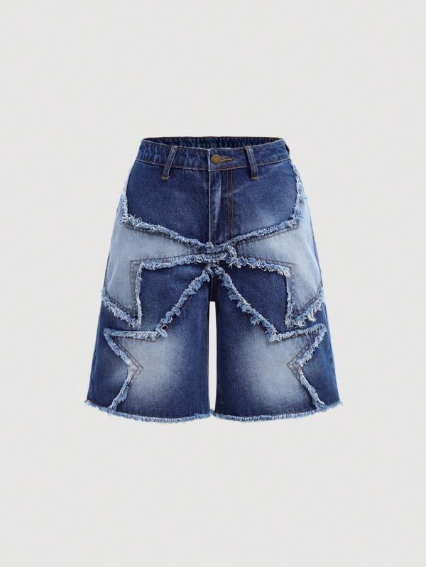 SHEIN Girlism Pantaloncini di jeans larghi e sfilacciati con blocchi di colore, toppe a forma di stelle e tasche inclinate, adatti per ragazze adolescenti, abiti estivi alla moda