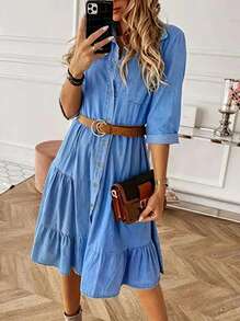 Women's Single-Breasted Ruffle Hem Casual Denim Dress (Waist Belt Not Included)