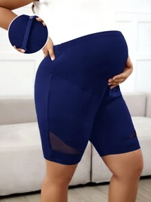 SHEIN Maternity Plus Size High Waist Mesh Panel Solid Color Stretchy Short Leggings