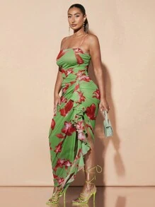 SHEIN BAE Women's Mesh Strappy Dress With Ruffle Trim, Long Bodycon Dress In Green With Large Floral Pattern, Perfect For Romantic Vacations And Elegant Parties, Summer Outfit