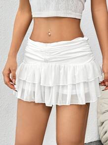 SHEIN PETITE Low-Rise Gathered Ruffle Lace Trim Ruched White Mini Skirt - White - View 7