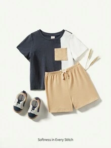 Cozy Pixies Baby Boy Colorblock Soft Knit Round Neck Short Sleeve Top And Shorts Set