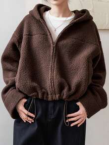 DAZY 女式純色帽衫拉鍊連帽保暖毛絨衫 - 棕色 - 查看 1