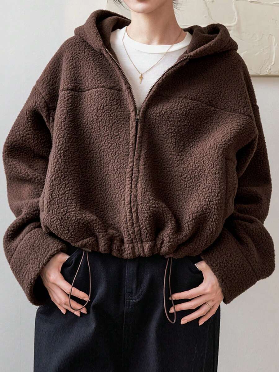 DAZY 女式純色帽衫拉鍊連帽保暖毛絨衫 - 棕色 - 查看 1