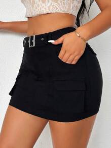 VaVaBold Ladies' Solid Color Belted Skirt With Pocket Design, Summer - Black - View 5