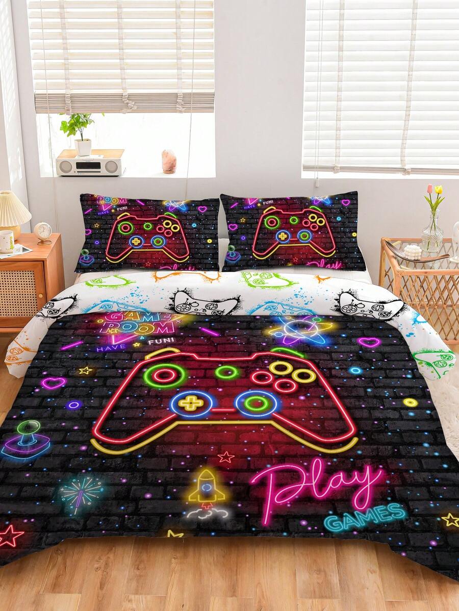 3入組遊戲主題床上用品套裝，男孩少年床單套裝，遊戲手柄電玩床上用品套裝，雙人/全尺寸3件套床上用品套裝（2個枕套不含內膽+1個被套不含內膽）